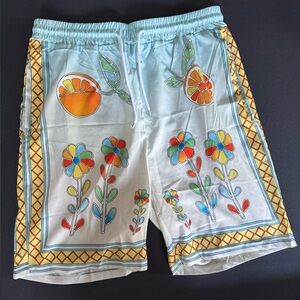Men's Floral Graphic Silk Shorts - Light Blue